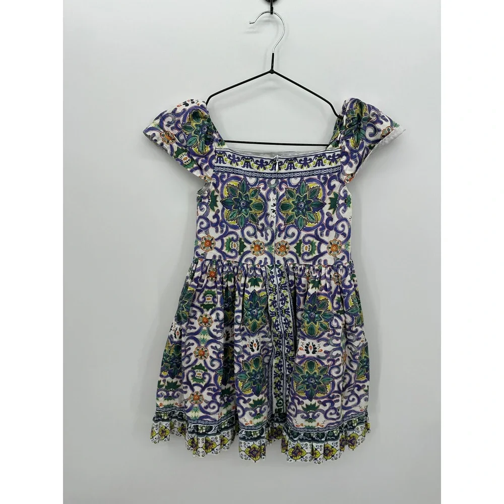Edgehill Collection Girls 6X Blue Green Mediterranean Tile Print Flutter Dress